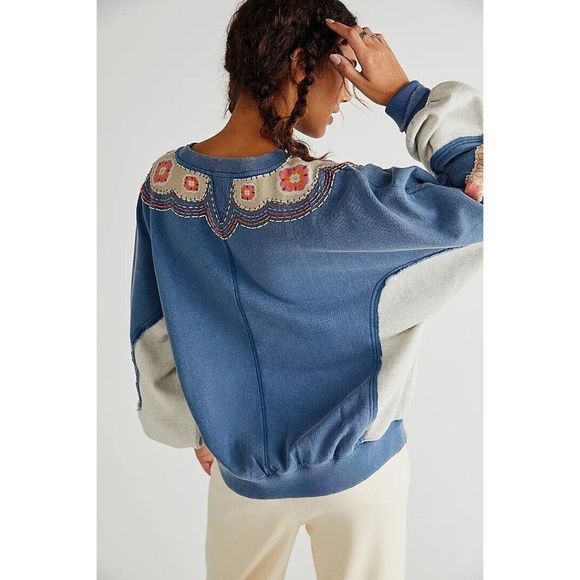 Free People Blue and Gray Sweater with Embroidered Details - Picture 2 of 3